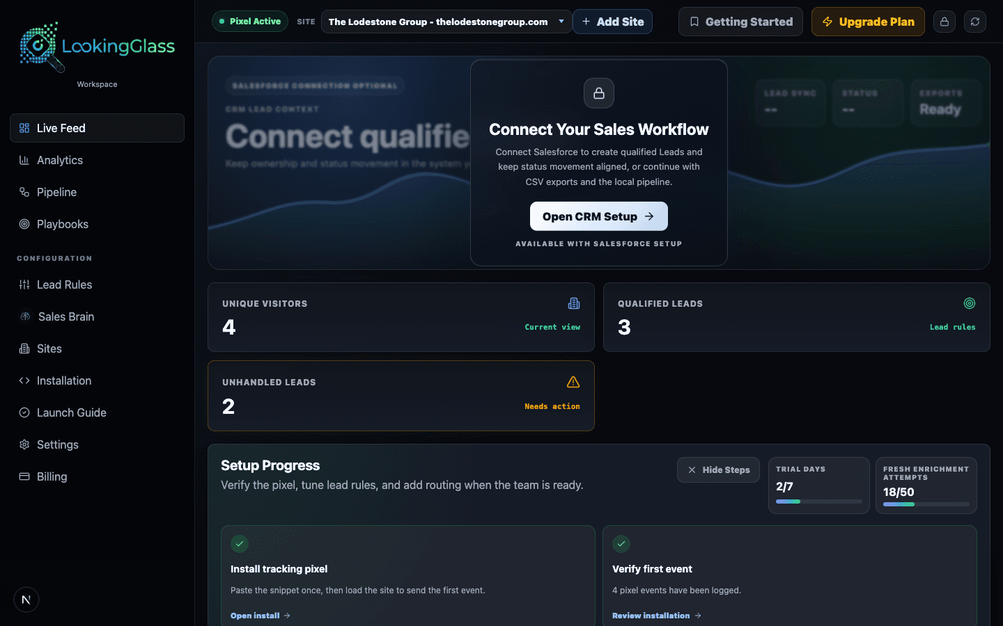 LookingGlass workspace showing live feed navigation, Signal Rules, CRM setup, and trial progress